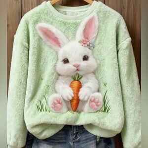 Cute Bunny Graphic Plush Top in Mint Green